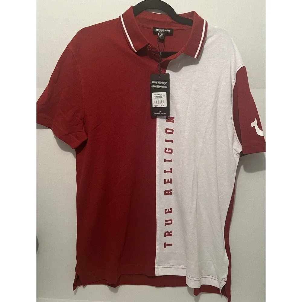 Men's True Religion Buddha Logo SS Polo Shirt - Color Block - Red White - Size S